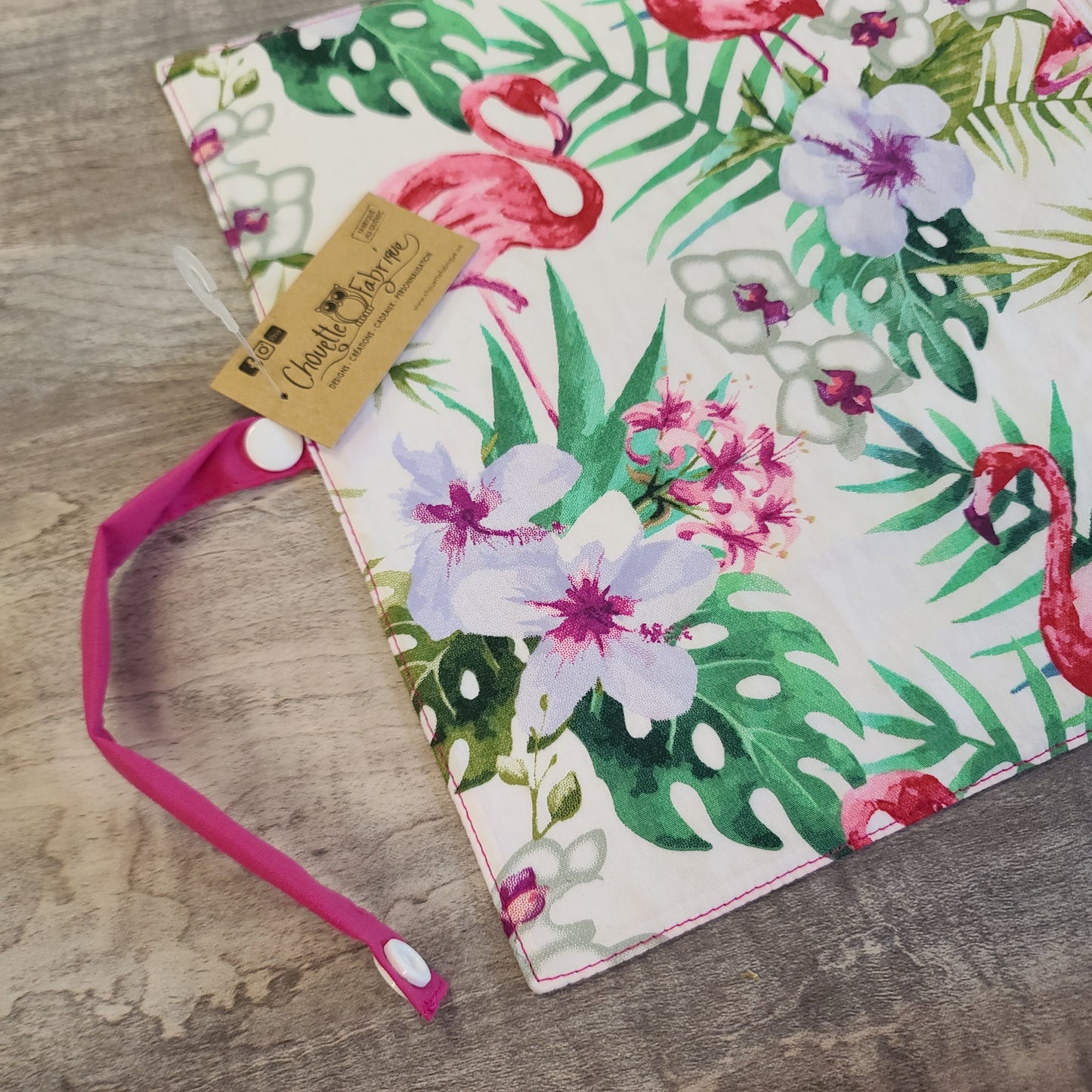 Napperon personnalise (Couleur d'impression au choix) - Flamants fuchsia et Fleurs - Pochette fuchsia