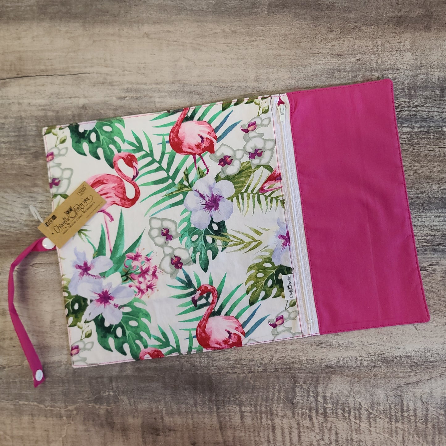 Napperon personnalise (Couleur d'impression au choix) - Flamants fuchsia et Fleurs - Pochette fuchsia