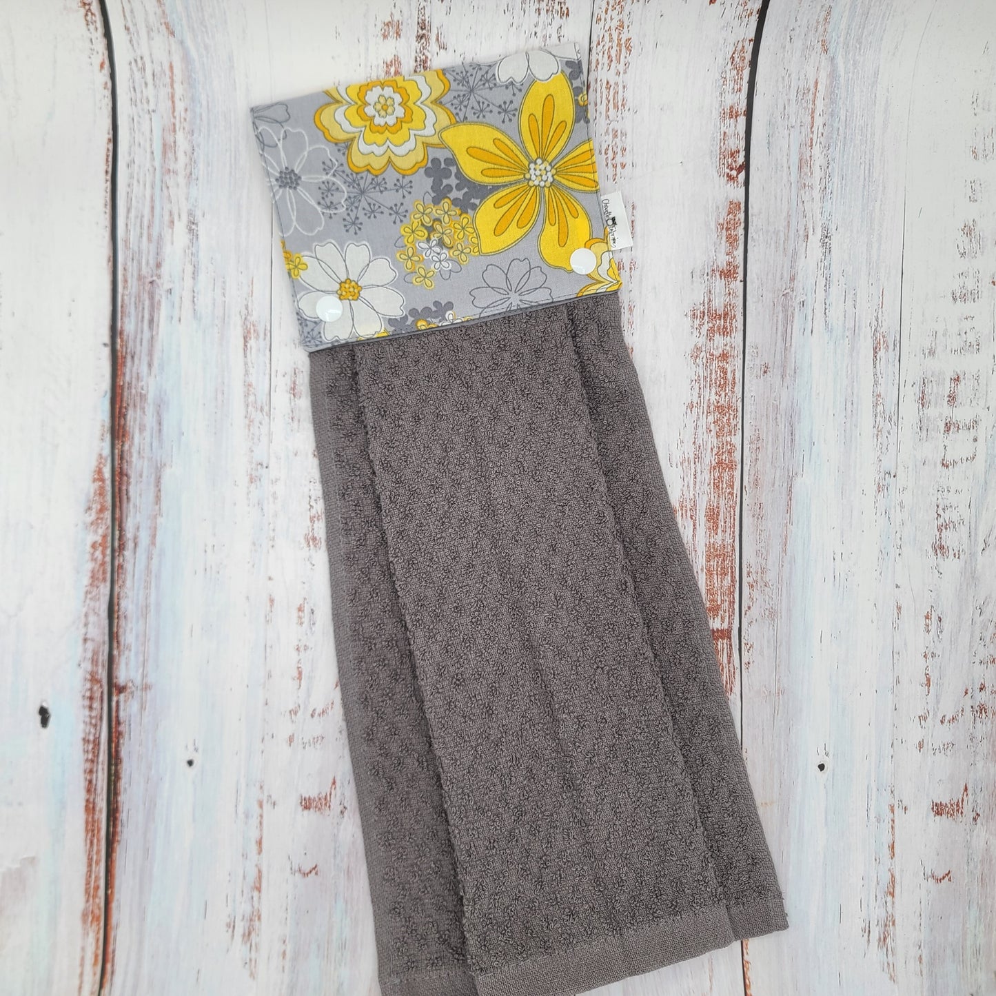 Essuie-mains - Serviette à mains - Cuisine/VR(Camping) - Serviette grise - Fleurs jaunes fond gris