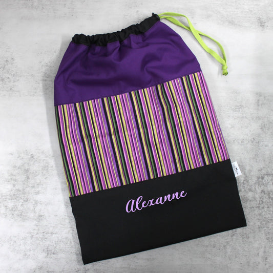 Sac de sport ou à souliers - Personnalisé - Lignes multi couleurs - Violet, Lilas et Lime