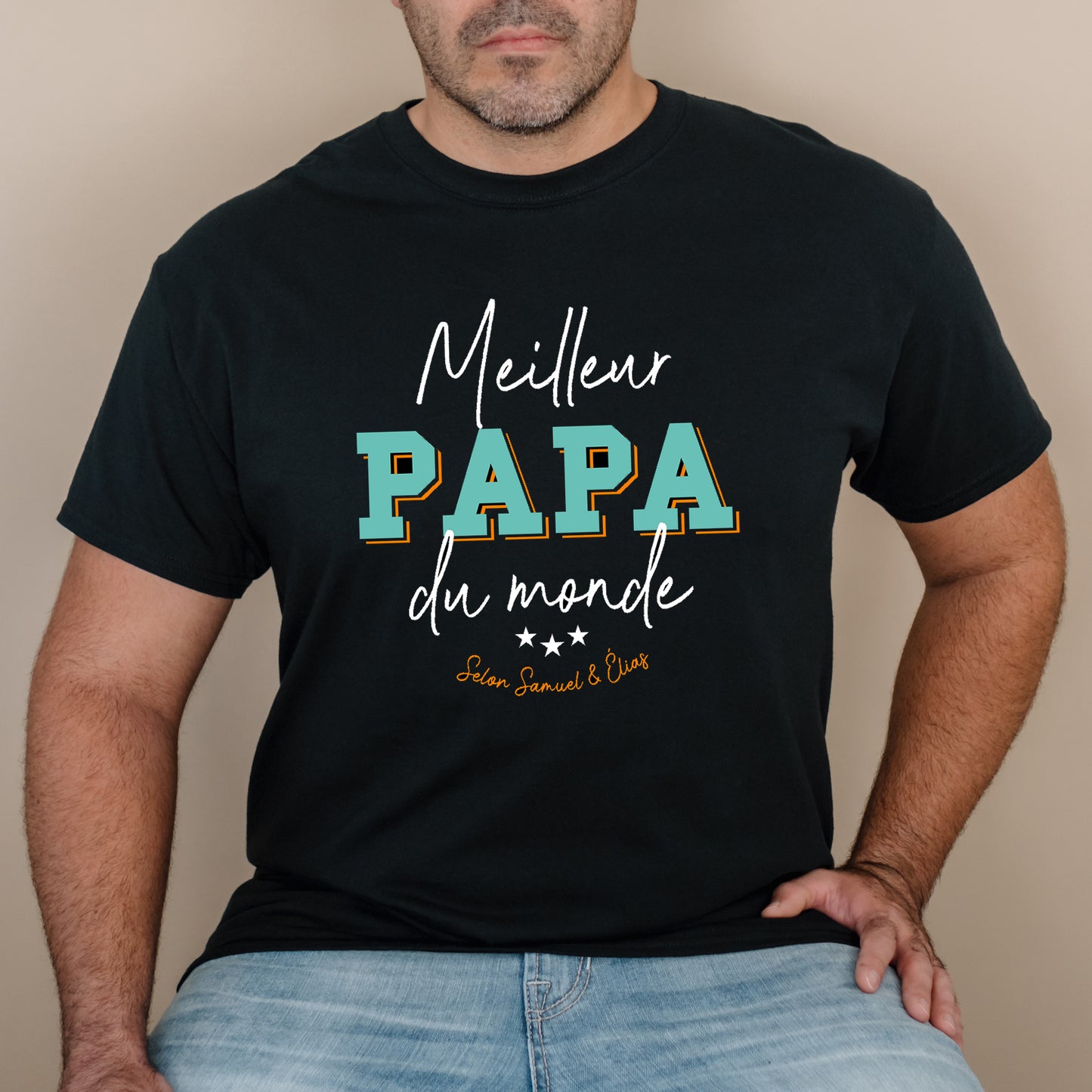 T-shirt HOMME à col rond - Meilleur papa du monde - NOMS ENFANTS - v10