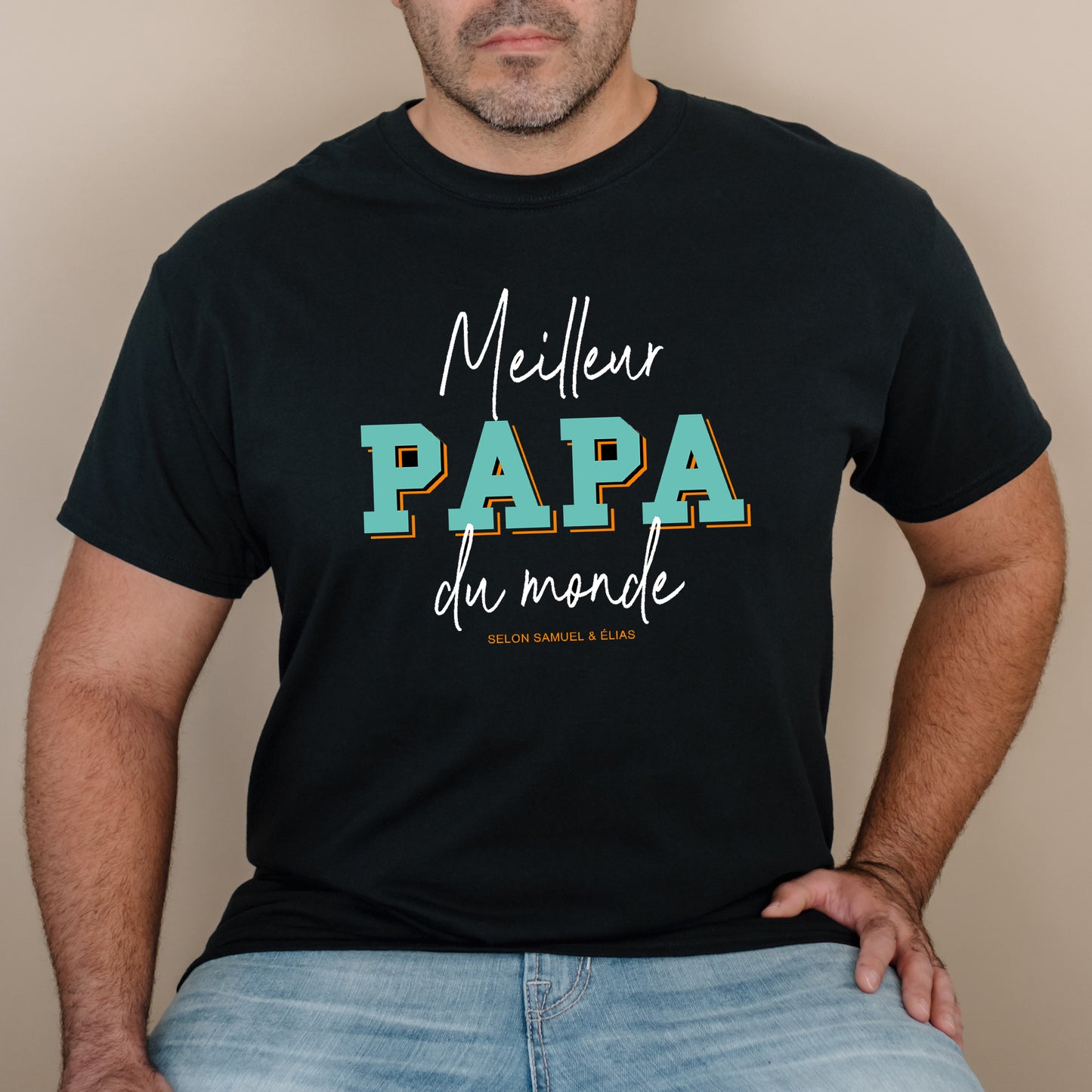 T-shirt HOMME à col rond - Meilleur papa du monde - NOMS ENFANTS - v9