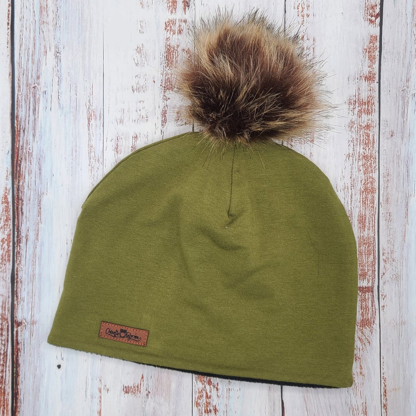 ENFANT - Tuque Printemps/Automne (JERSEY) Pompon amovible - UNIE - Olive